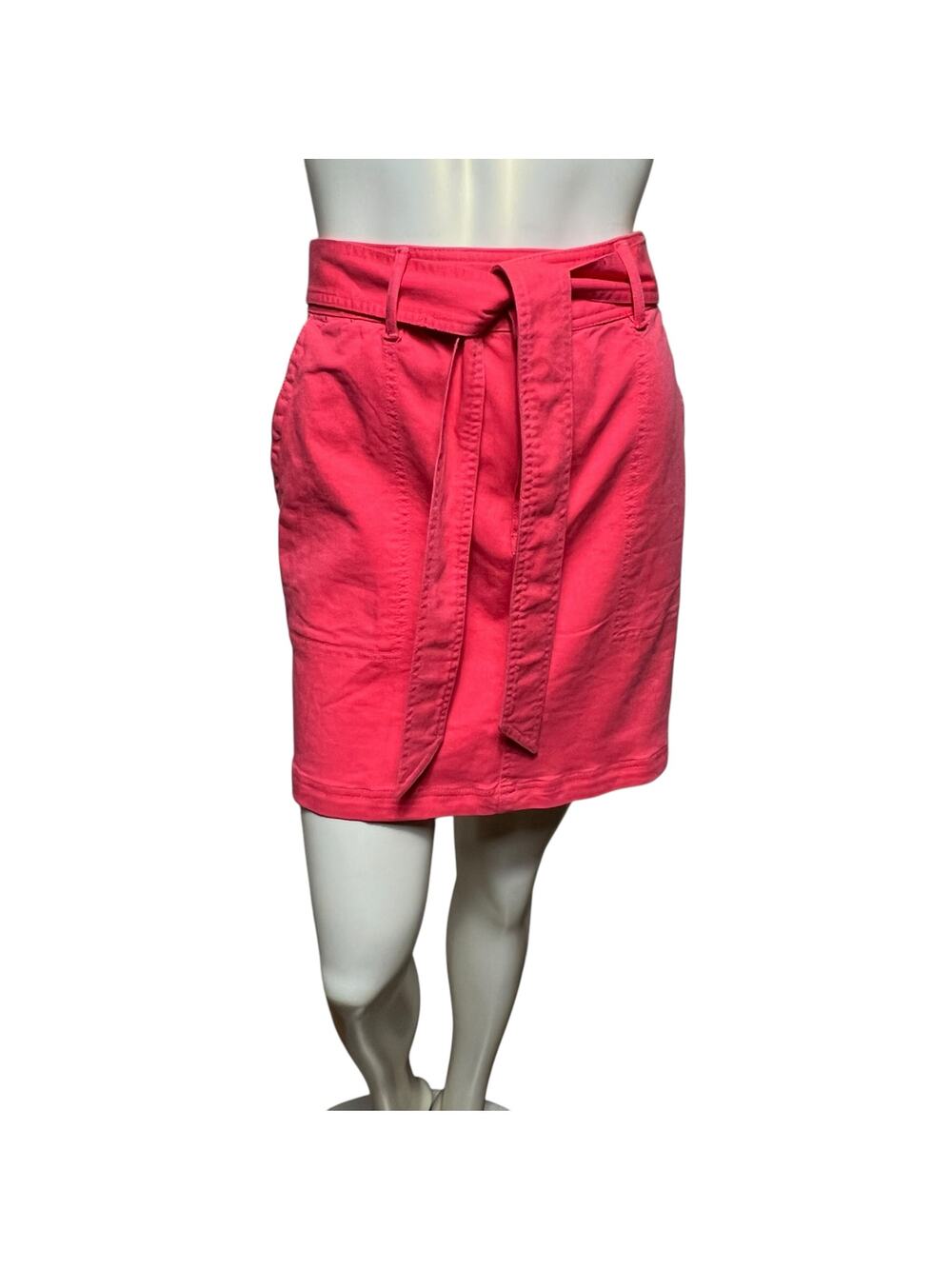 LOFT Coral Pink Cotton Blend Mini Skirt Size 8 Tie Belt Pockets Summer Vacation